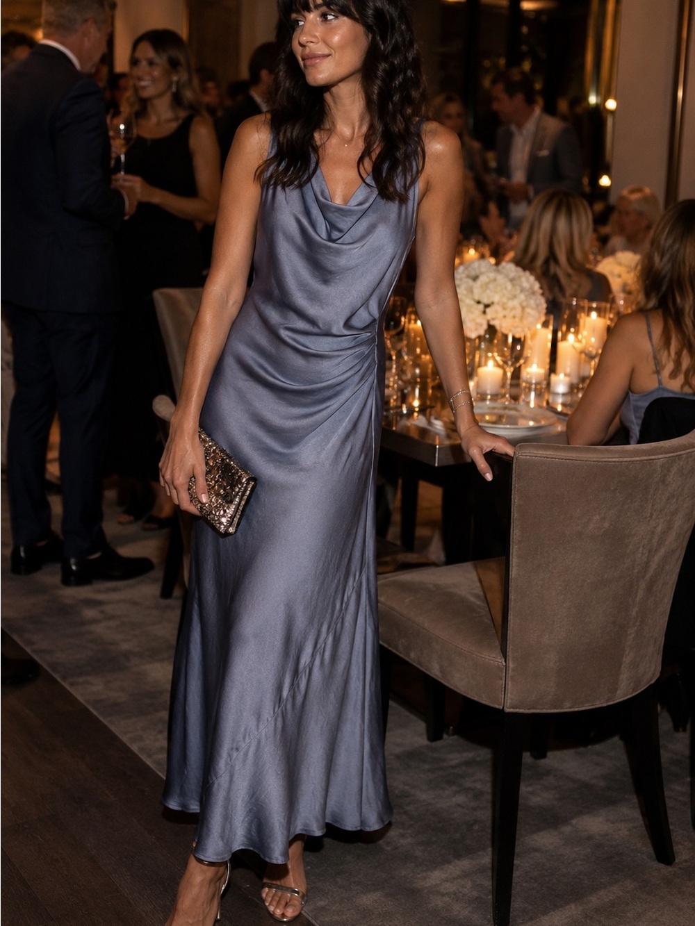 Joie Slate Blue Satin Cowl Neck Draped Maxi Dress S